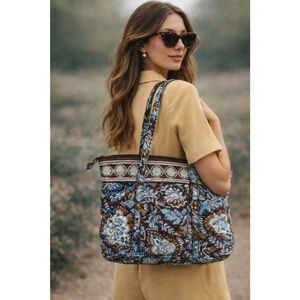 Vera Bradley Vintage Quilted Tote Blue Brown Paisley Travel Shoulder Bag Boho